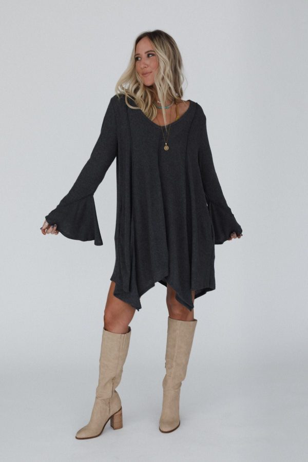 The Nest Golden Hour Long Bell Sleeve Tunic Dress - Charcoal For Discount