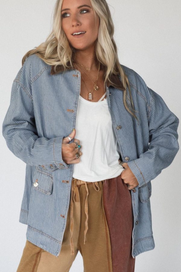 All Seasons Striped Denim Jacket - Blue Online Hot Sale