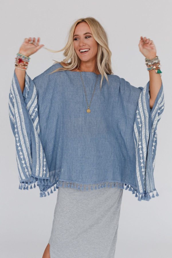 Fallon Embroidered Sleeve Tassel Poncho - Blue Online Hot Sale - Image 3