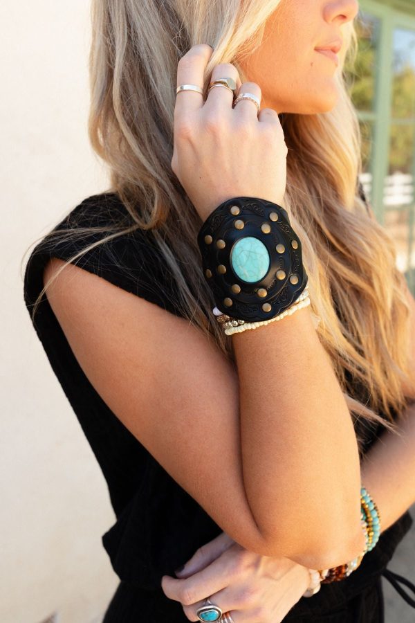 Aegean Boho Leather Cuff Bracelet - Black Sale
