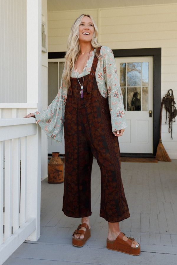 High Hopes Slouchy Denim Overalls - Brown Floral Mix Fashion