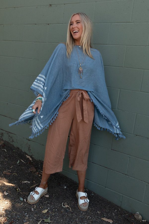 Fallon Embroidered Sleeve Tassel Poncho - Blue Online Hot Sale - Image 5