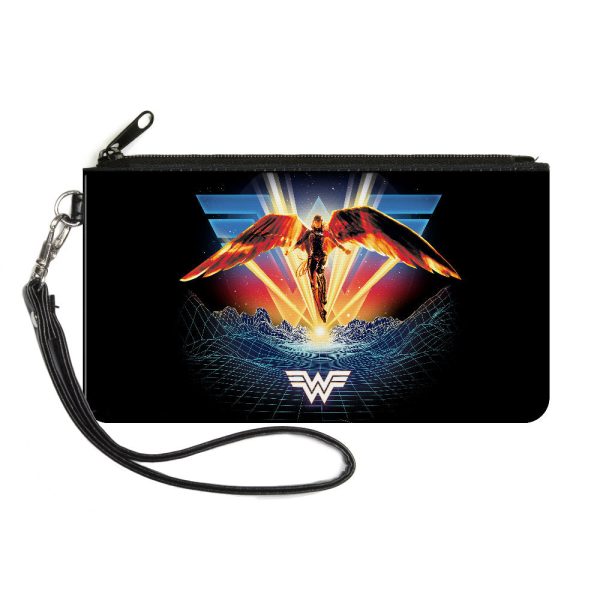 Canvas Zipper Wallet - LARGE - Wonder Woman 1984 Golden Armor Pose WW Logo Topography Black Blues Reds Yellows Fashion